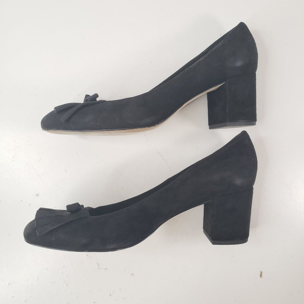 Kate Spade Kiltie Block Heel Pumps Sz 10 Black Suede Slip On Dressy Bow Heels - Picture 7 of 12